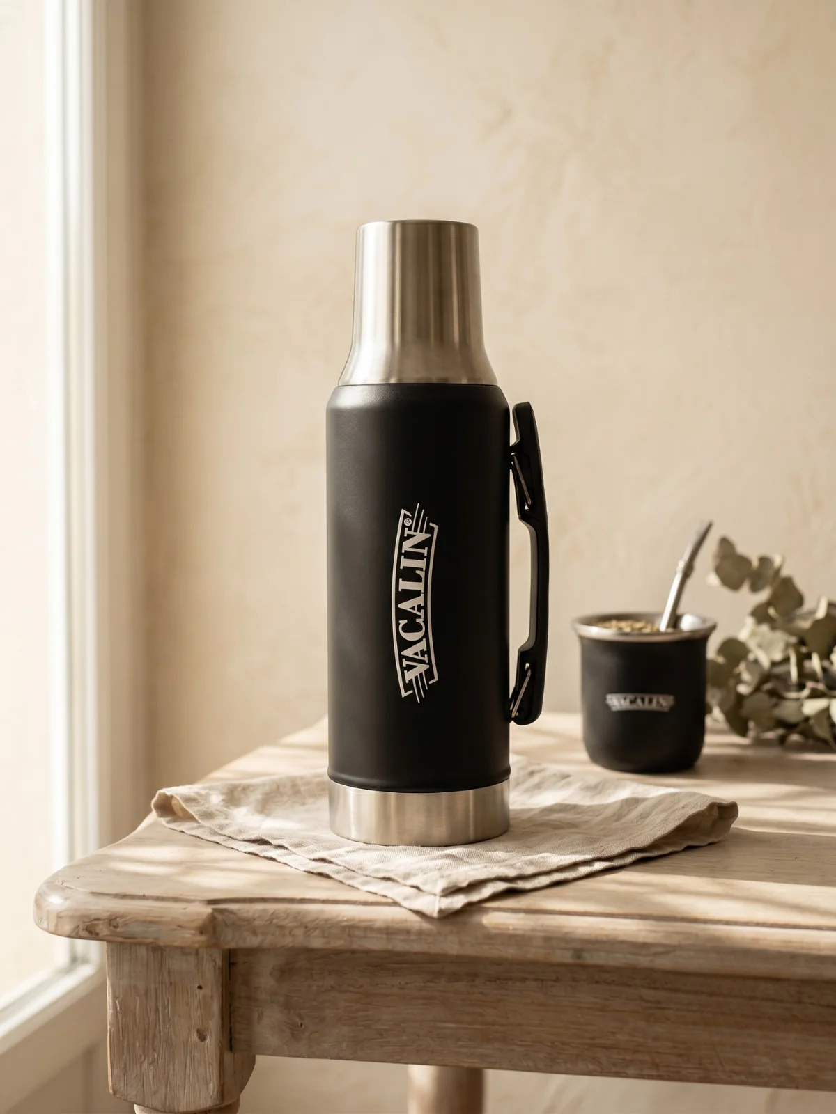 Termo negro con manija y logo de Vacalin junto a un mate