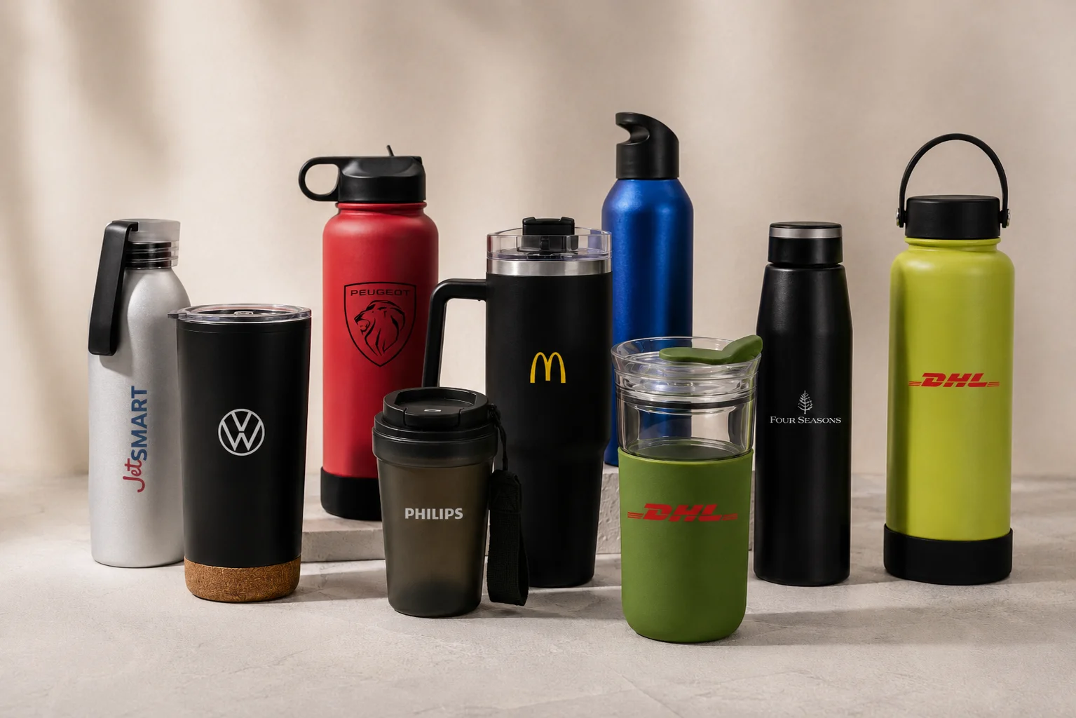 Botellas y vasos térmicos con logos de distintas empresas