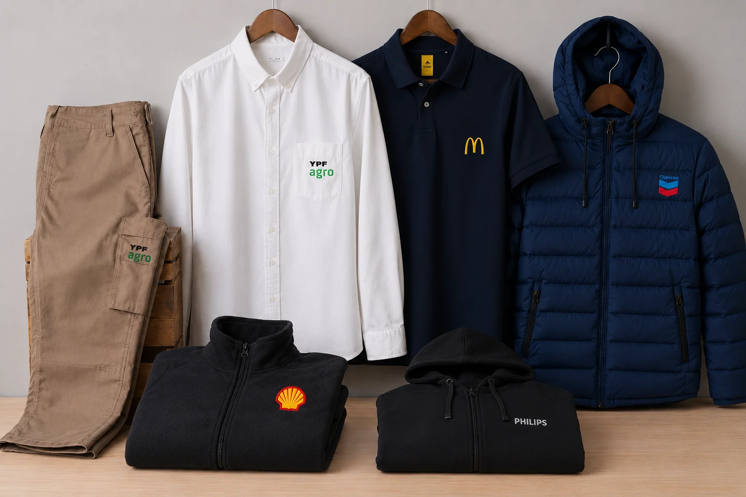 Camisa, chomba, camperas y pantalón con logos de empresas