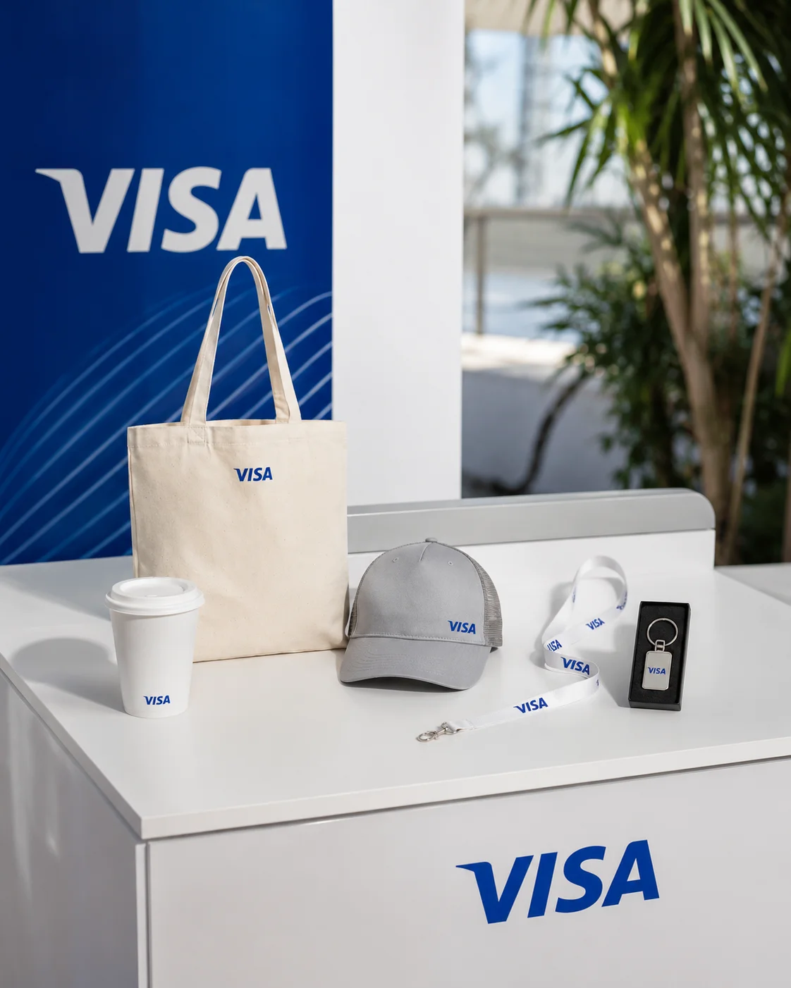 Bolsa, gorra, vaso, cinta y llavero de Visa en un evento