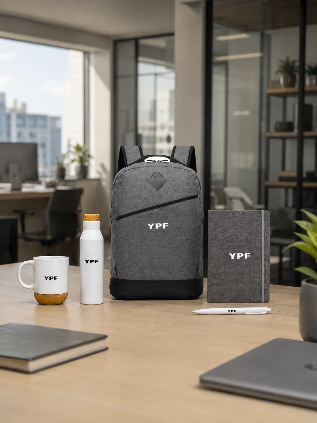 Mochila, botella, taza y cuaderno personalizados para YPF