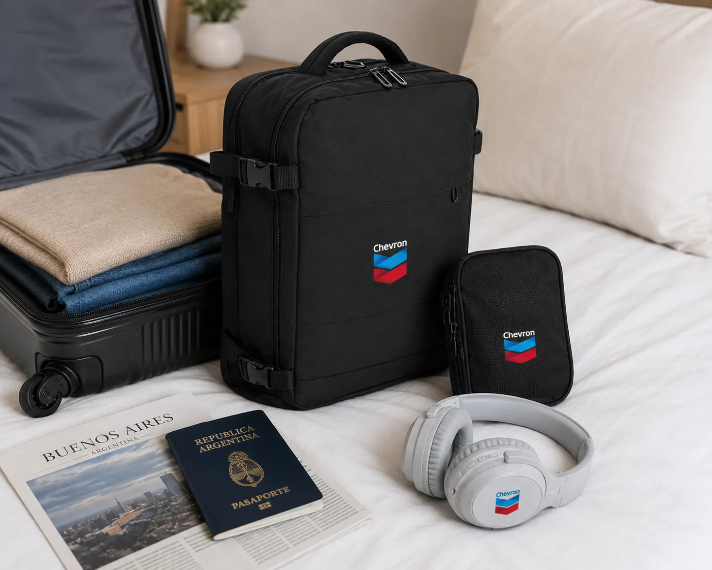 Mochila, organizador y auriculares de Chevron junto a una valija