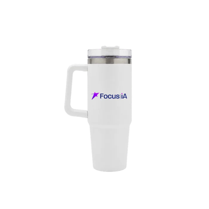 Vaso térmico blanco personalizado con el logo de Focus IA