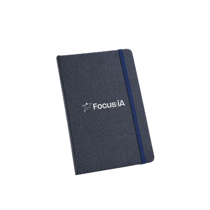 Cuaderno azul personalizado con el logo de Focus IA